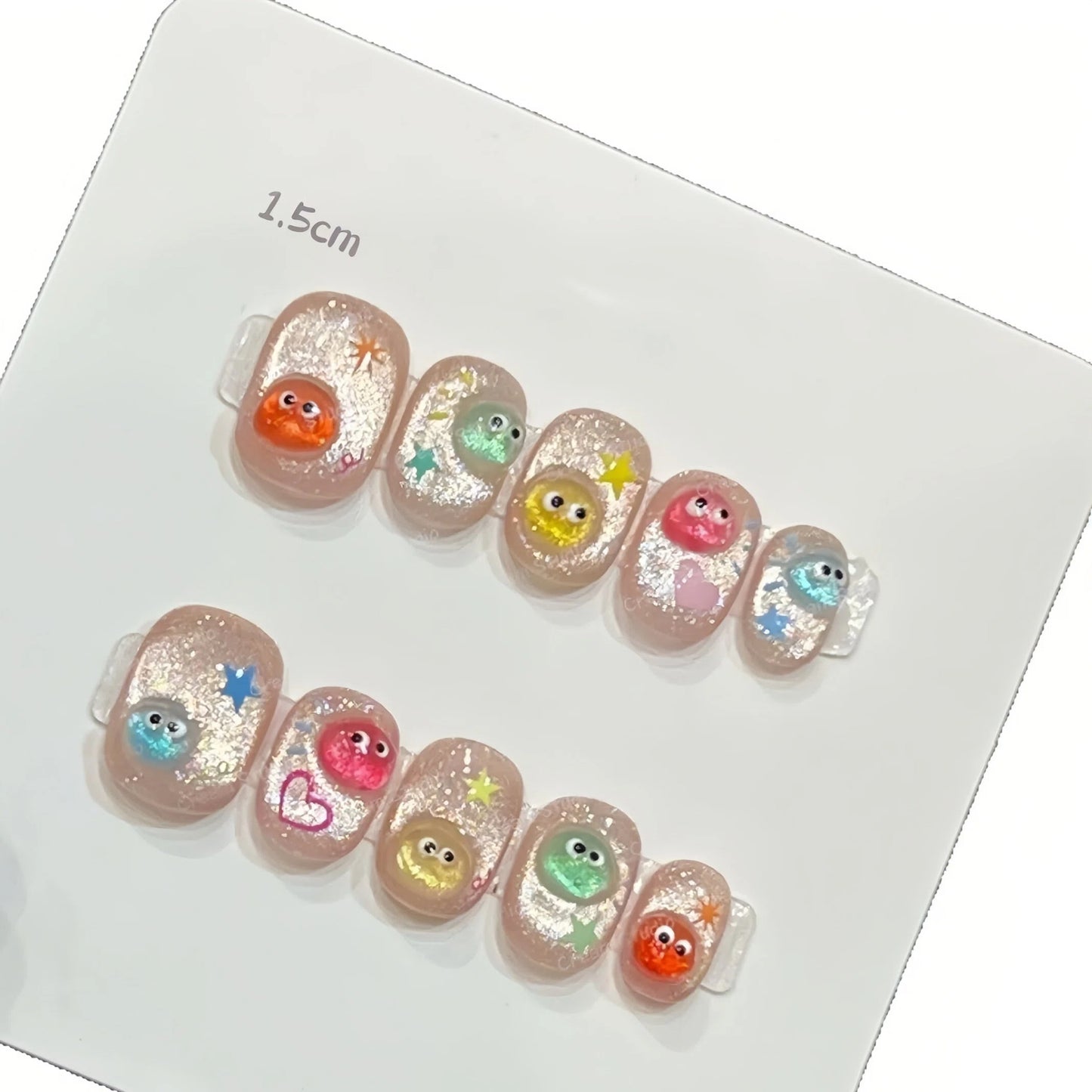 Cute Cartoon Press On Nails Short Square Round Pink Glitter Kawaii Monster Reusable 08