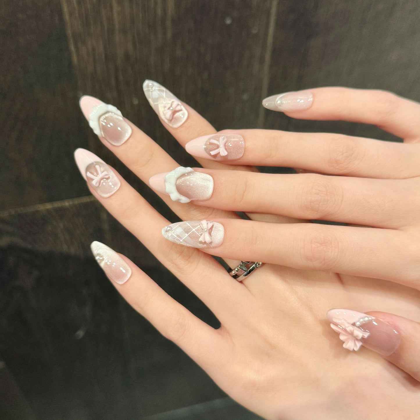 Nude Pink Cat Eye Press On Nails – Almond Soft Luxury Bow Pearl Acrylic Nails 157
