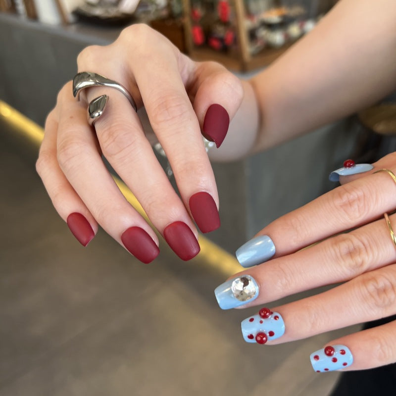 Press On Nails Color Block Blue Burgundy – Short Squoval Retro Acrylic Nails with Rhinestone 3D Beads Glossy Set 145