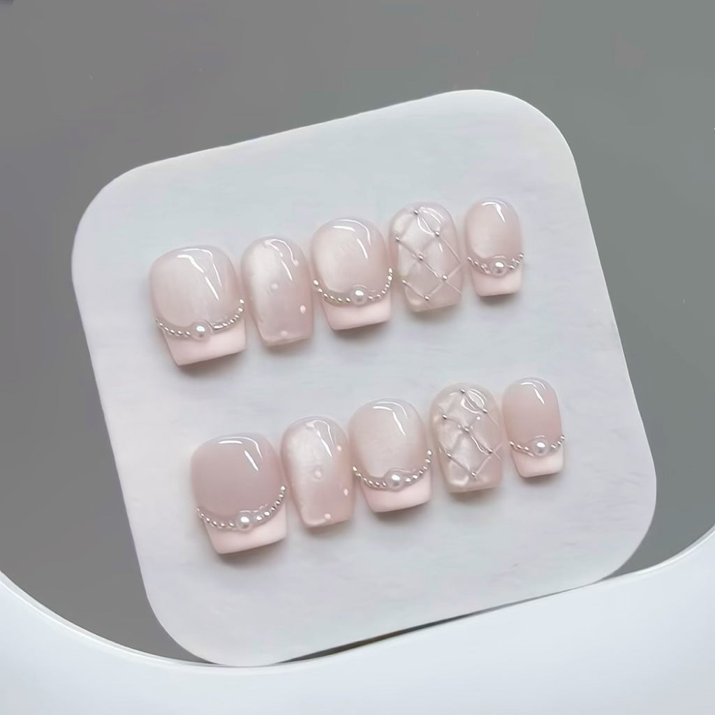 Nude Pink French Press On Nails Short Squoval – Pearl Chain Rhinestone Wedding & Daily Full Cover Set 187