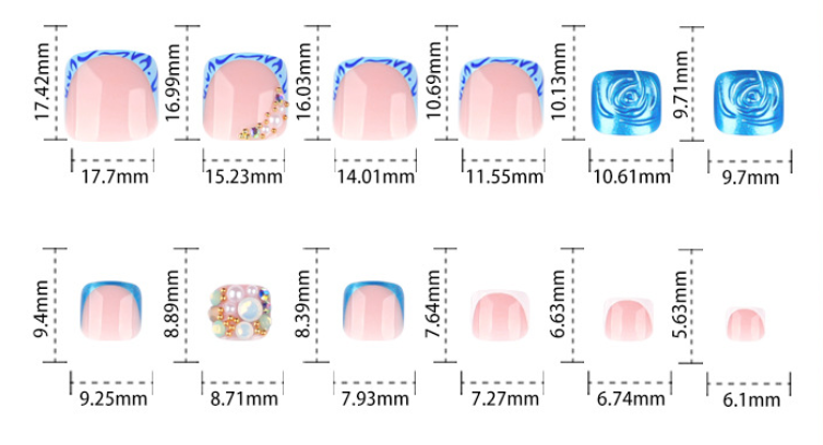 Nude Pink Press On Nails with Blue Flame 3D Rose Pearl Rhinestone Design Glossy Short Squoval Shape Luxury Romantic Full Cover False Nails Kit Reusable 130