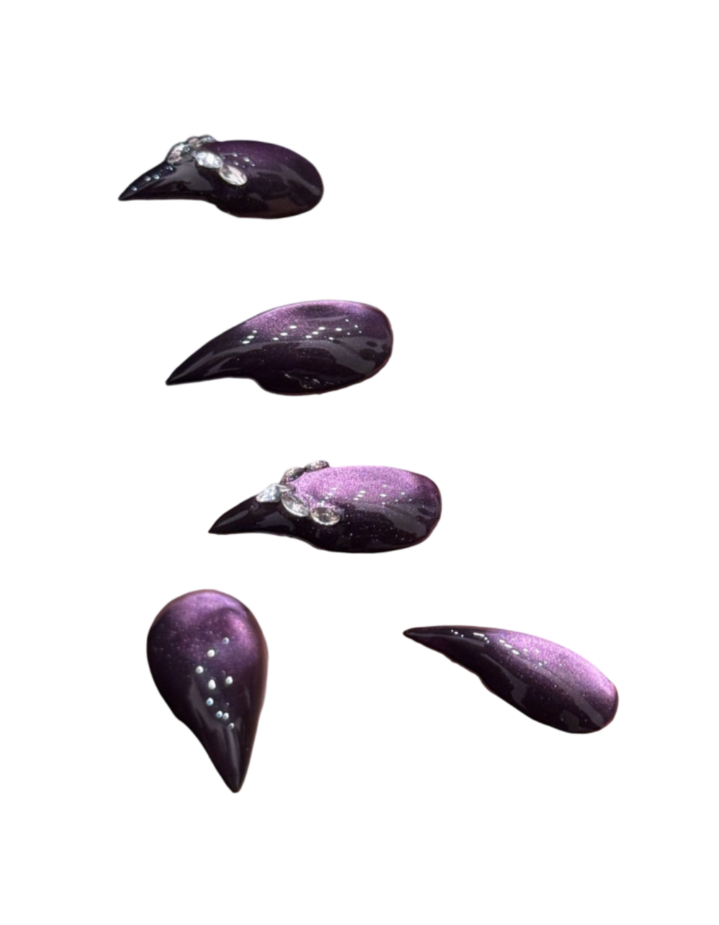 Black & Purple Cat Eye Press-On Nails – Curved Stiletto Dragon Claw Nails with Rhinestone & Silver Bead Details | Gothic Luxury Reusable Nail Set 296