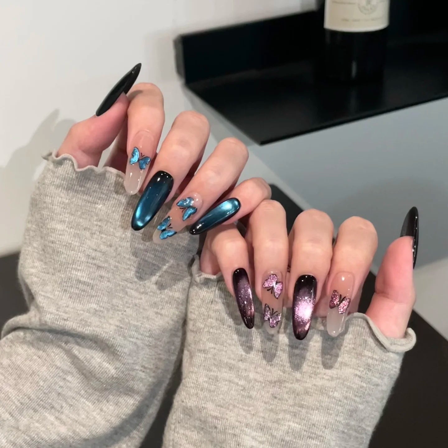 Cat Eye Butterfly Press On Nails Long Almond – Deep Purple Ocean Blue Magnetic Butterfly Handmade Dark Feminine Nail Set 215