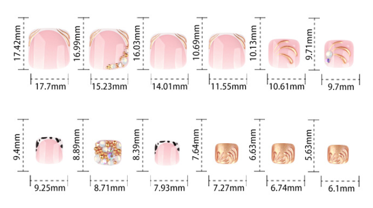 Nude Pink Press On Toenails with Rhinestones Gold Line Cow Print Mixed Design Glossy Short Squoval Shape Glam Full Cover False Toe Nails Kit Reusable 117