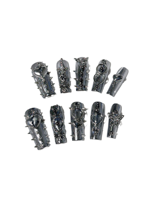 Liquid Metal Armor Press-On Nails – Silver Chrome Long Square 3D Gothic Punk Y2K Nail Set 225