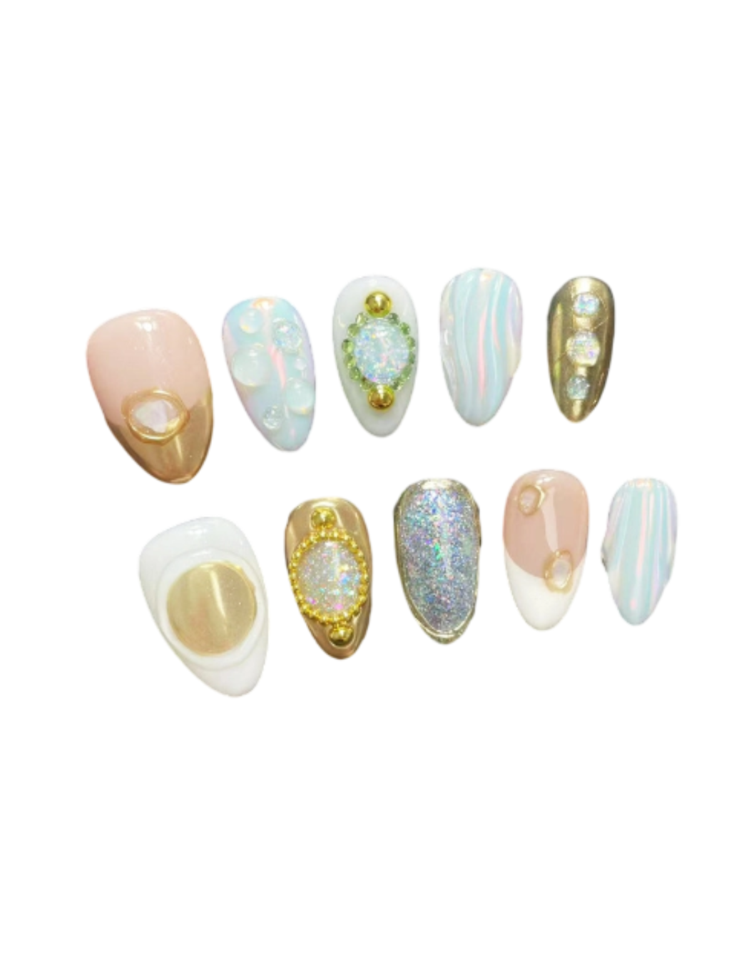 Vintage Opal Press On Nails | Oval Nails with Iridescent Opal Flakes, Antique Gold & Shell Details | Reusable Statement Nail Set 329