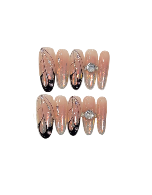 Luxury Jewelry-Inspired Press-On Nails – Sheer Nude Aurora Glitter with Black Line Art & Crystal Ring Accent Almond Nail Set 235