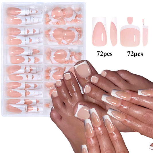 Press On Nails & Toe Nails Set Long Glossy Color Block French Tips Reusable Salon Style 13