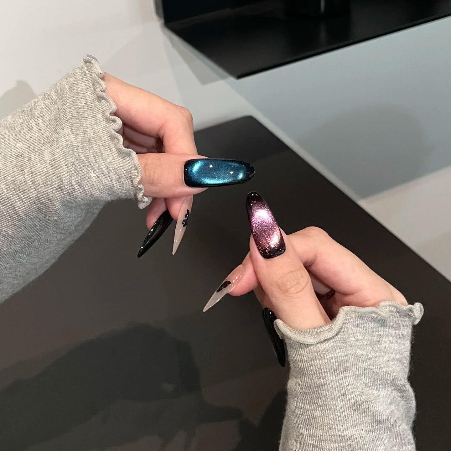 Cat Eye Butterfly Press On Nails Long Almond – Deep Purple Ocean Blue Magnetic Butterfly Handmade Dark Feminine Nail Set 215