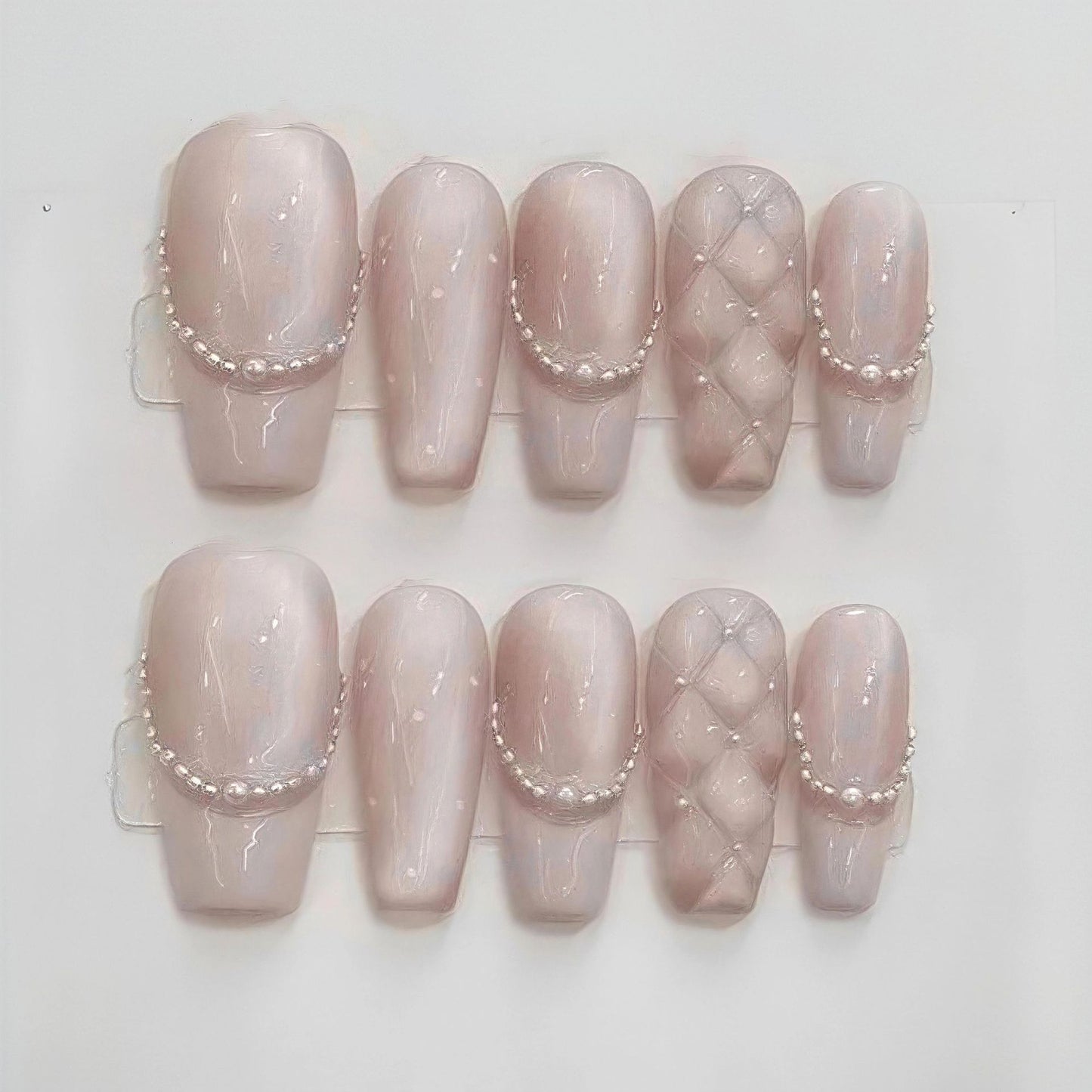 Nude Pink French Press On Nails Short Squoval – Pearl Chain Rhinestone Wedding & Daily Full Cover Set 187