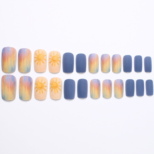 Sunset Ombre Press On Nails Short Round Matte Orange Purple Blue Gradient 3D Sun 11