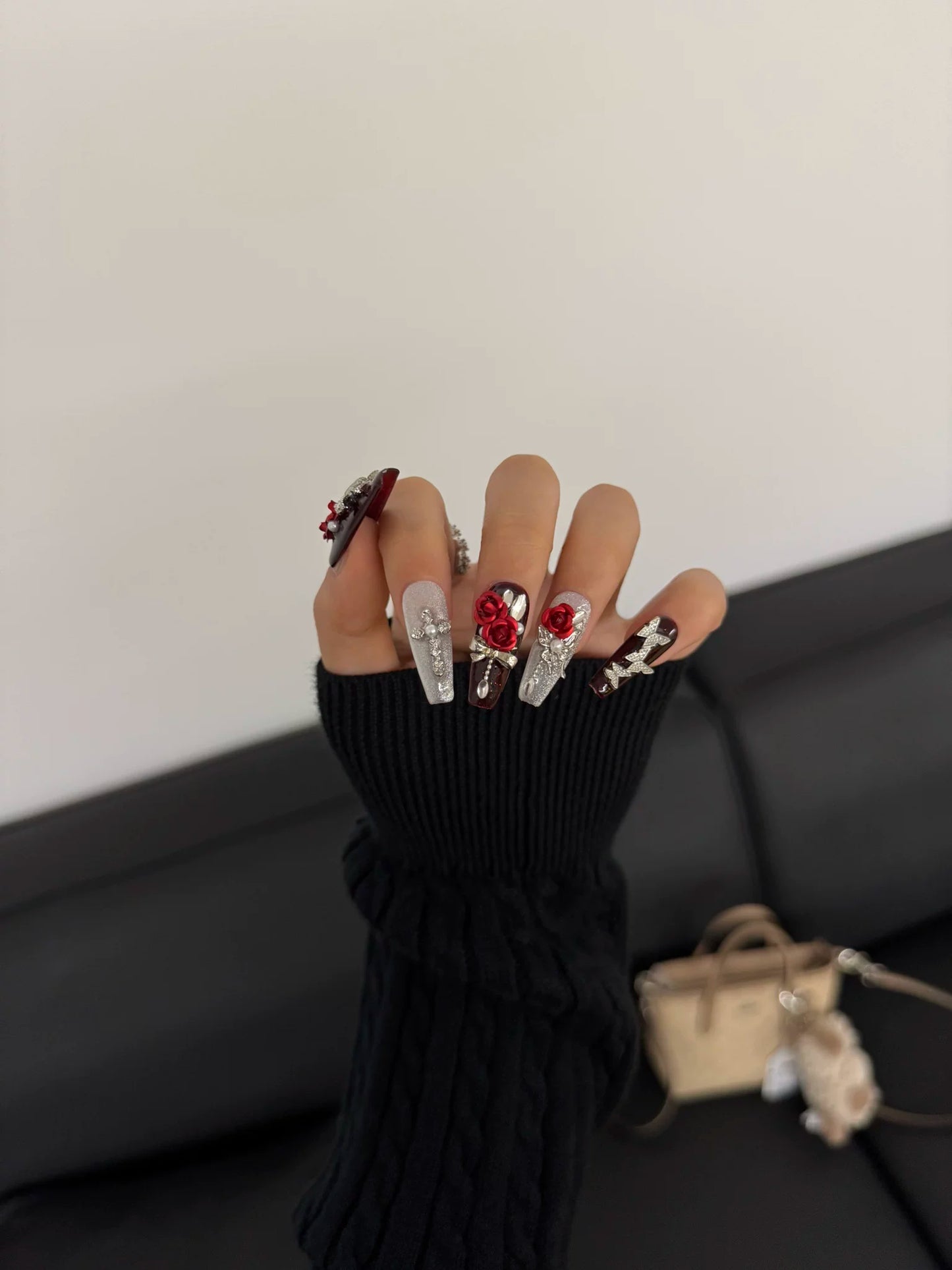 Burgundy Rose Press-On Nails – Long Coffin Nails with 3D Red Rose, Silver Cat Eye Shimmer & Crystal Embellishments | Gothic Luxury Reusable Nail Set 302