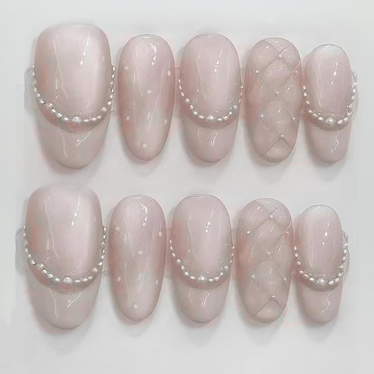 Nude Pink French Press On Nails Short Squoval – Pearl Chain Rhinestone Wedding & Daily Full Cover Set 187
