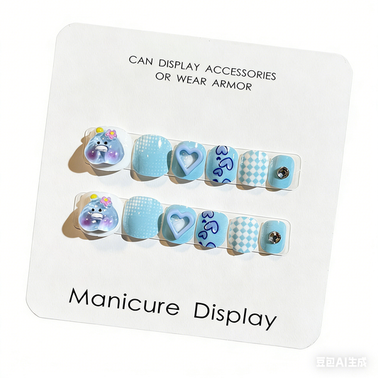 Cute Press On Nails 3D Cartoon Short Round Macaron Pastel French Tips Reusable Glue On 14