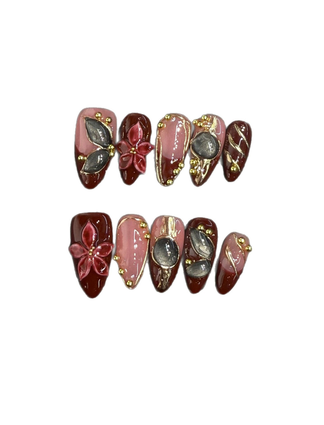 Vintage Floral Press-On Nails – Cherry Red Ombre Almond Nails | 3D Floral & Gold Detail Reusable Nail Set 253