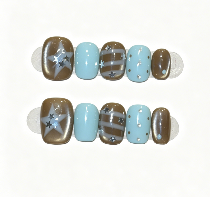 Brown Cat Eye Press On Nails – Short Squoval with Blue Contrast, Star & Polka Dot Glossy Reusable Full Cover Set 163