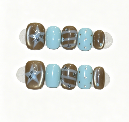Brown Cat Eye Press On Nails – Short Squoval with Blue Contrast, Star & Polka Dot Glossy Reusable Full Cover Set 163