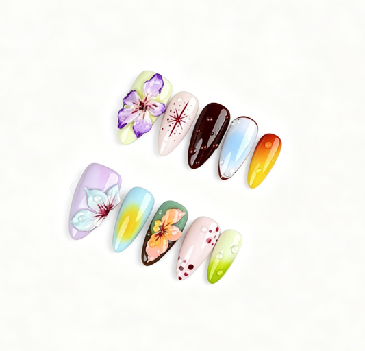 Colorful Ombre Press On Nails – Almond Floral Glossy Reusable Nails 158