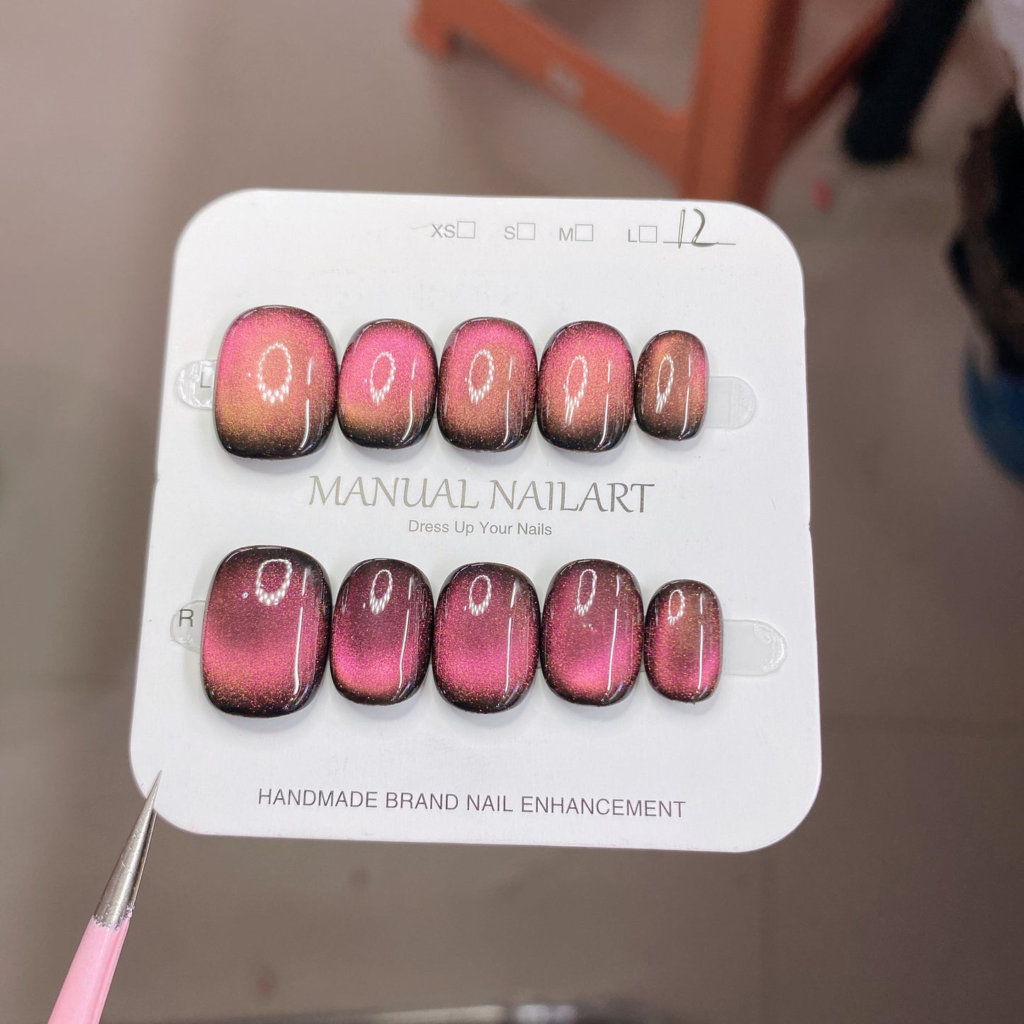 Peach Pink Aurora Cat Eye Press On Nails – Almond Shape, Reusable Full Cover for Minimalist Luxury & Everyday Wear 194