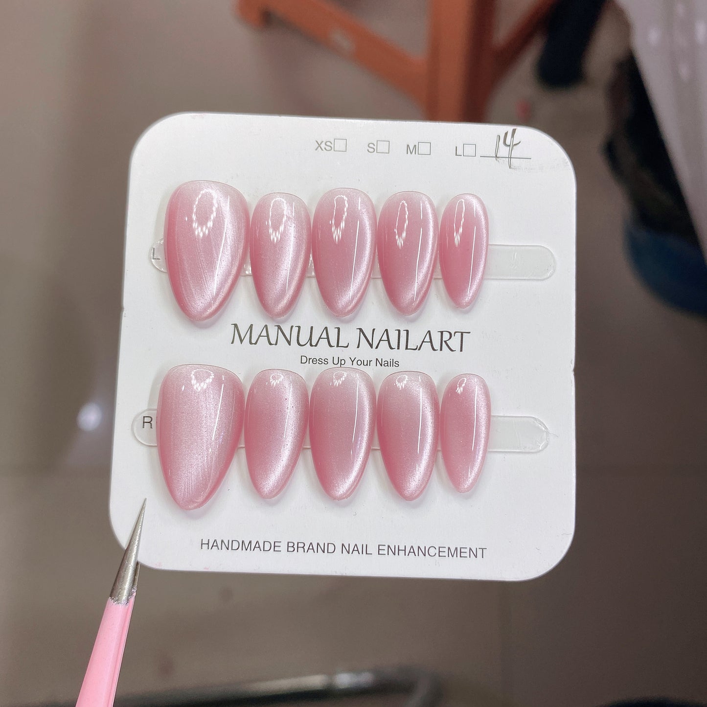 Peach Pink Aurora Cat Eye Press On Nails – Almond Shape, Reusable Full Cover for Minimalist Luxury & Everyday Wear 194