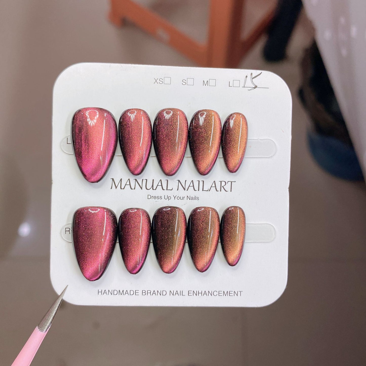 Peach Pink Aurora Cat Eye Press On Nails – Almond Shape, Reusable Full Cover for Minimalist Luxury & Everyday Wear 194