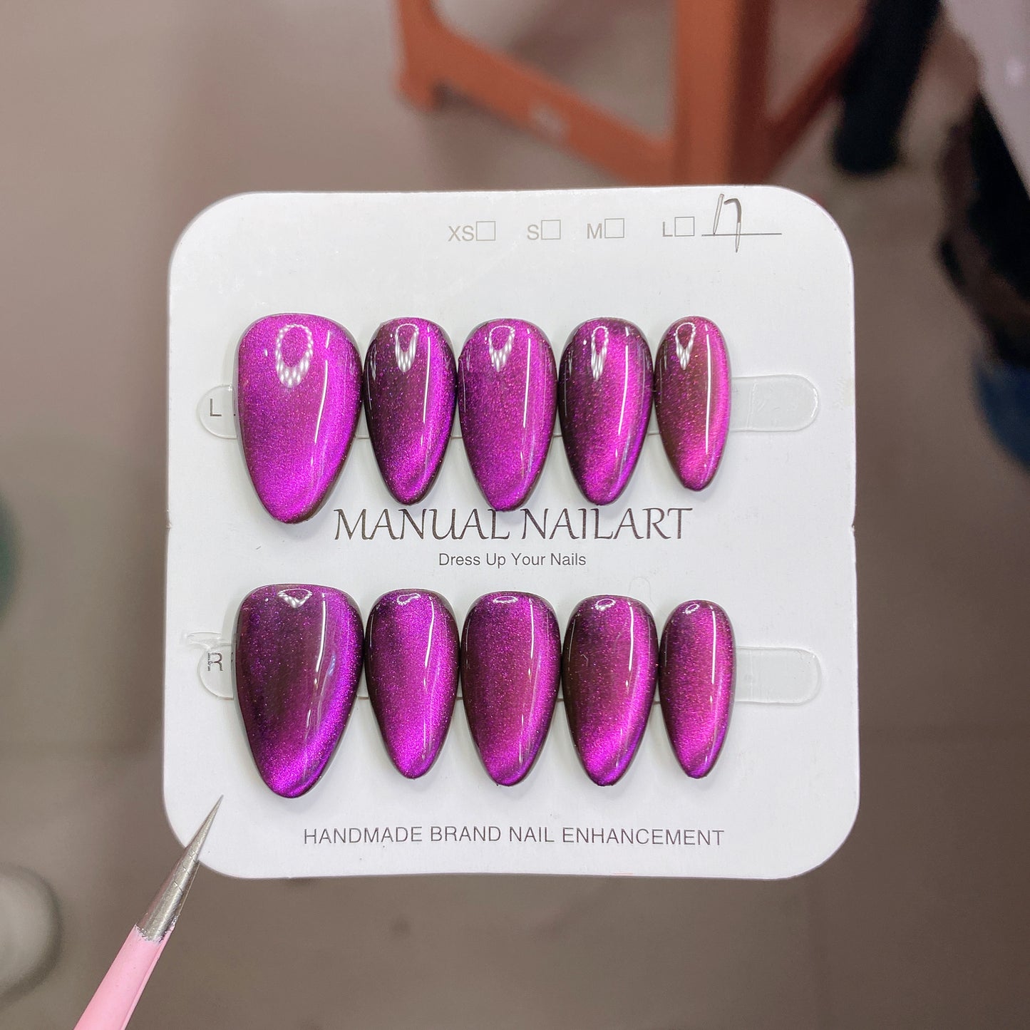 Peach Pink Aurora Cat Eye Press On Nails – Almond Shape, Reusable Full Cover for Minimalist Luxury & Everyday Wear 194