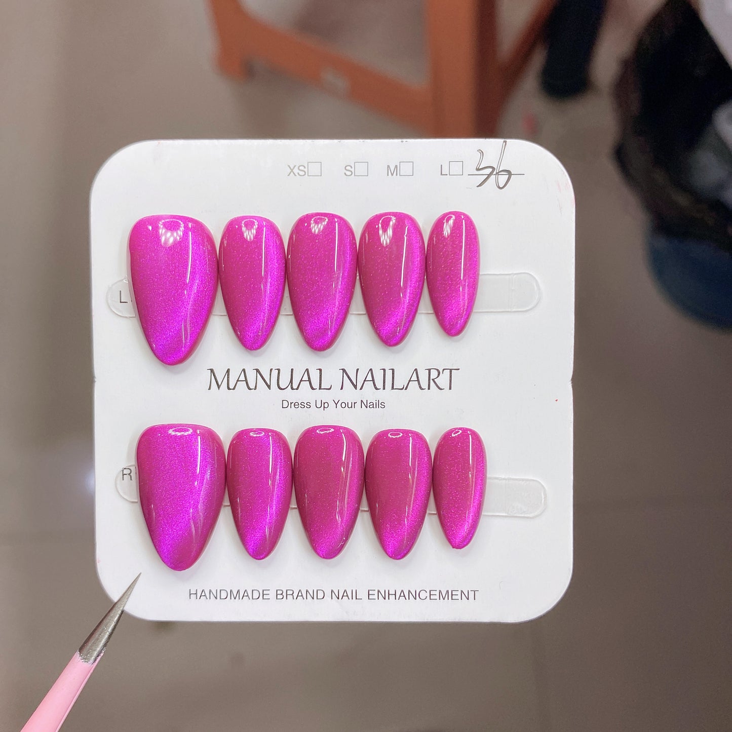 Peach Pink Aurora Cat Eye Press On Nails – Almond Shape, Reusable Full Cover for Minimalist Luxury & Everyday Wear 194