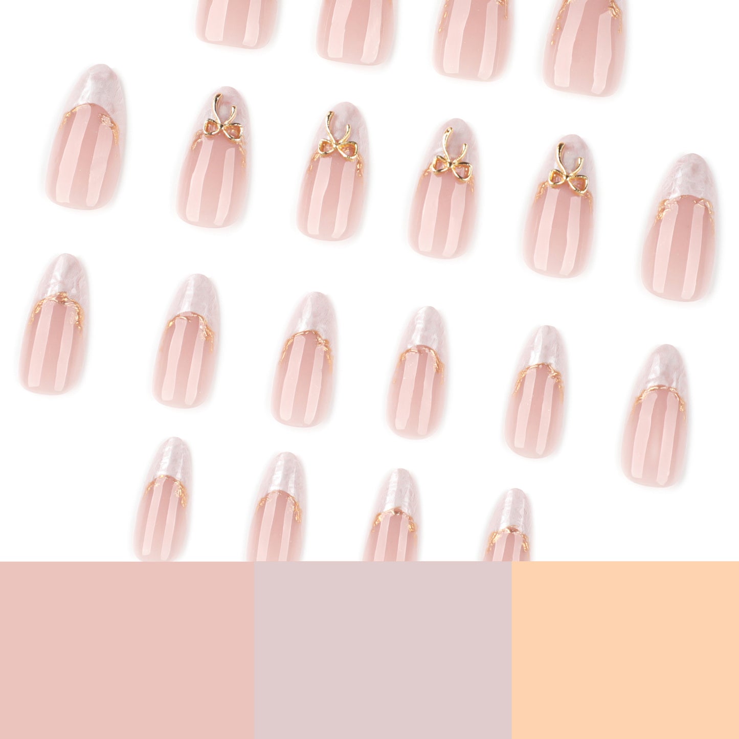 French Tip Press On Nails Almond Nude Pink White Ombre Gold Bow Glossy Reusable 09