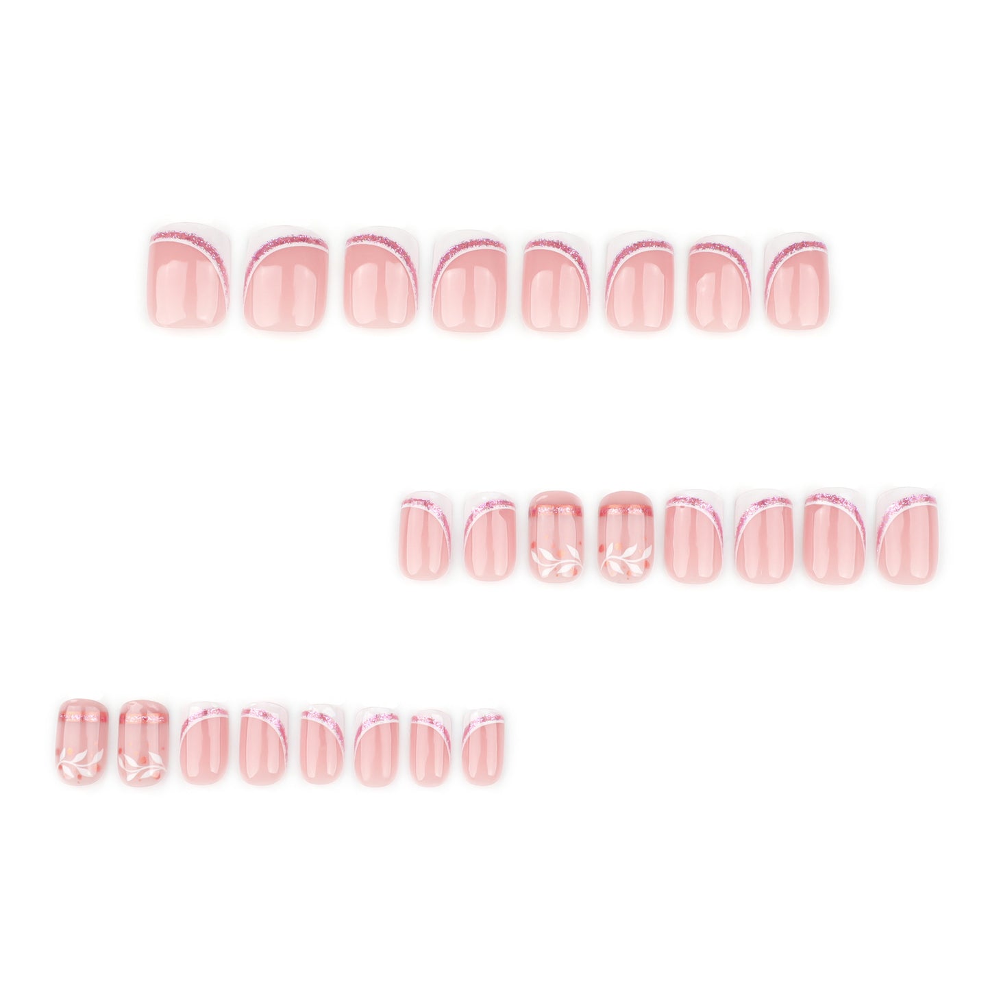 Short Round Press On Nails Nude Pink Slanted French Glitter Hand-Painted Leaf 12