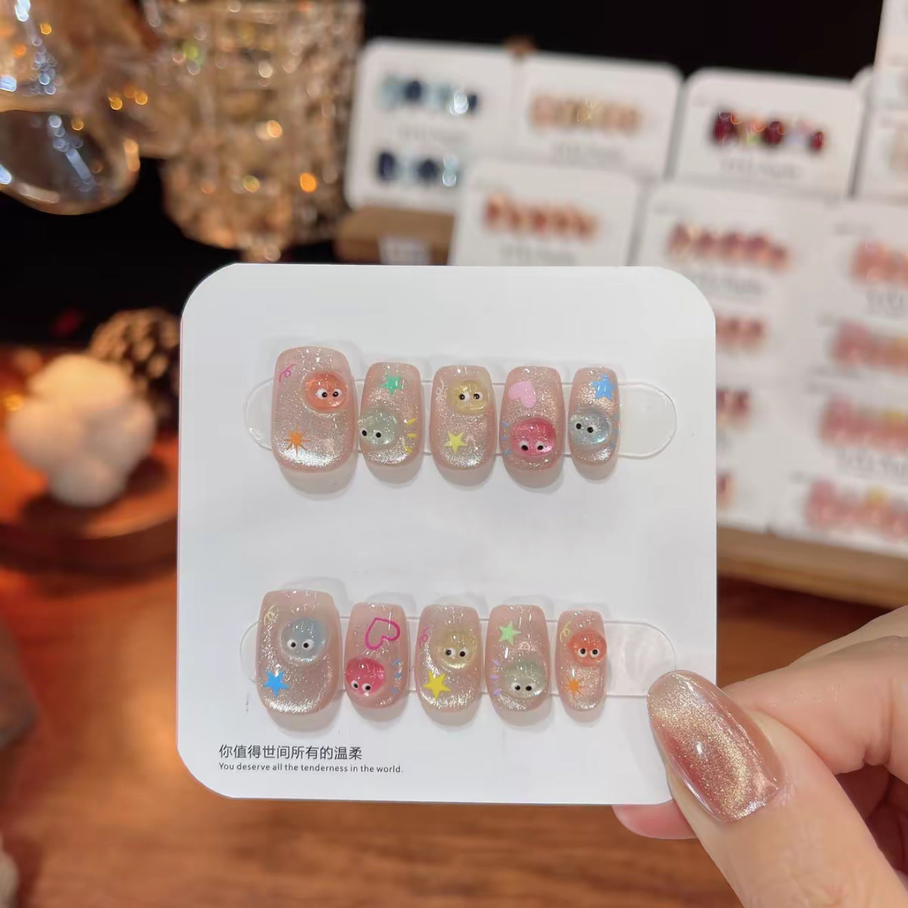 Cute Cartoon Press On Nails Short Square Round Pink Glitter Kawaii Monster Reusable 08