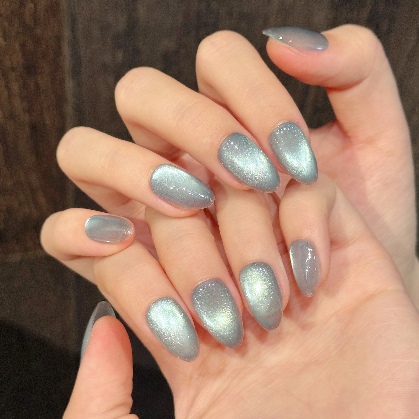 Cat Eye Press On Nails Almond Blue Green Magnetic Glossy Shimmer Full Cover Reusable 10