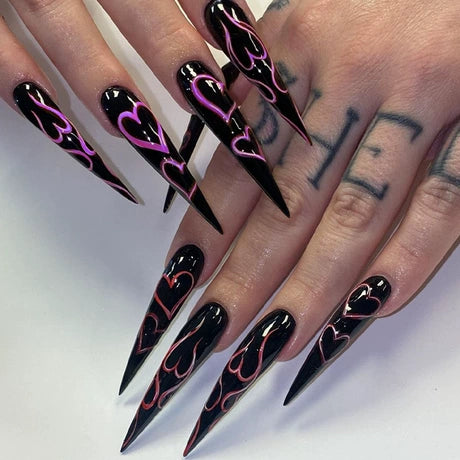 Y2K Black Press On Nails Long Stiletto Glossy Neon Pink Red Heart Gothic Punk Reusable 05