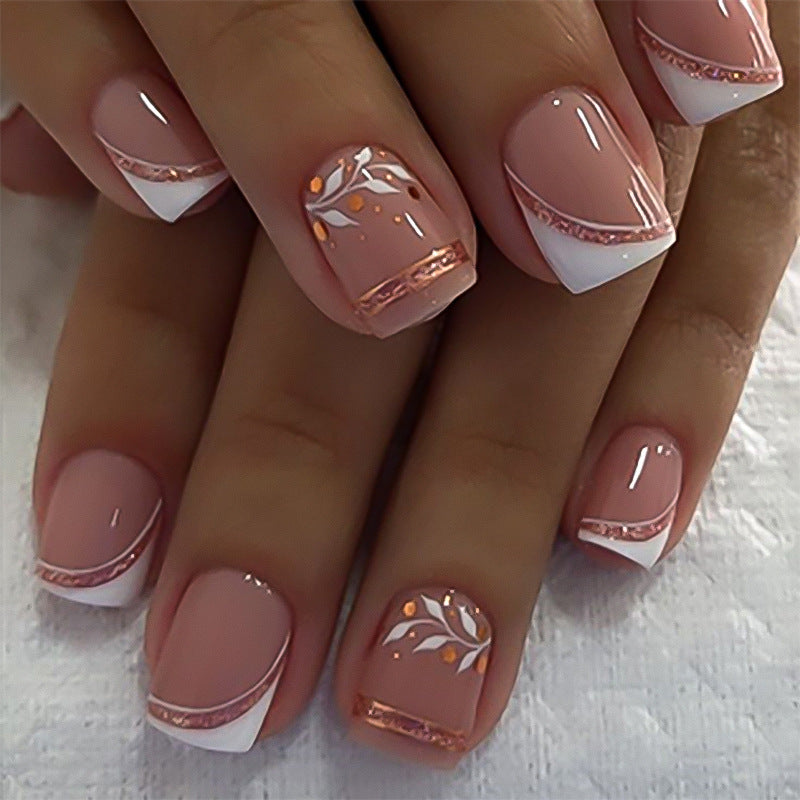 Short Round Press On Nails Nude Pink Slanted French Glitter Hand-Painted Leaf 12