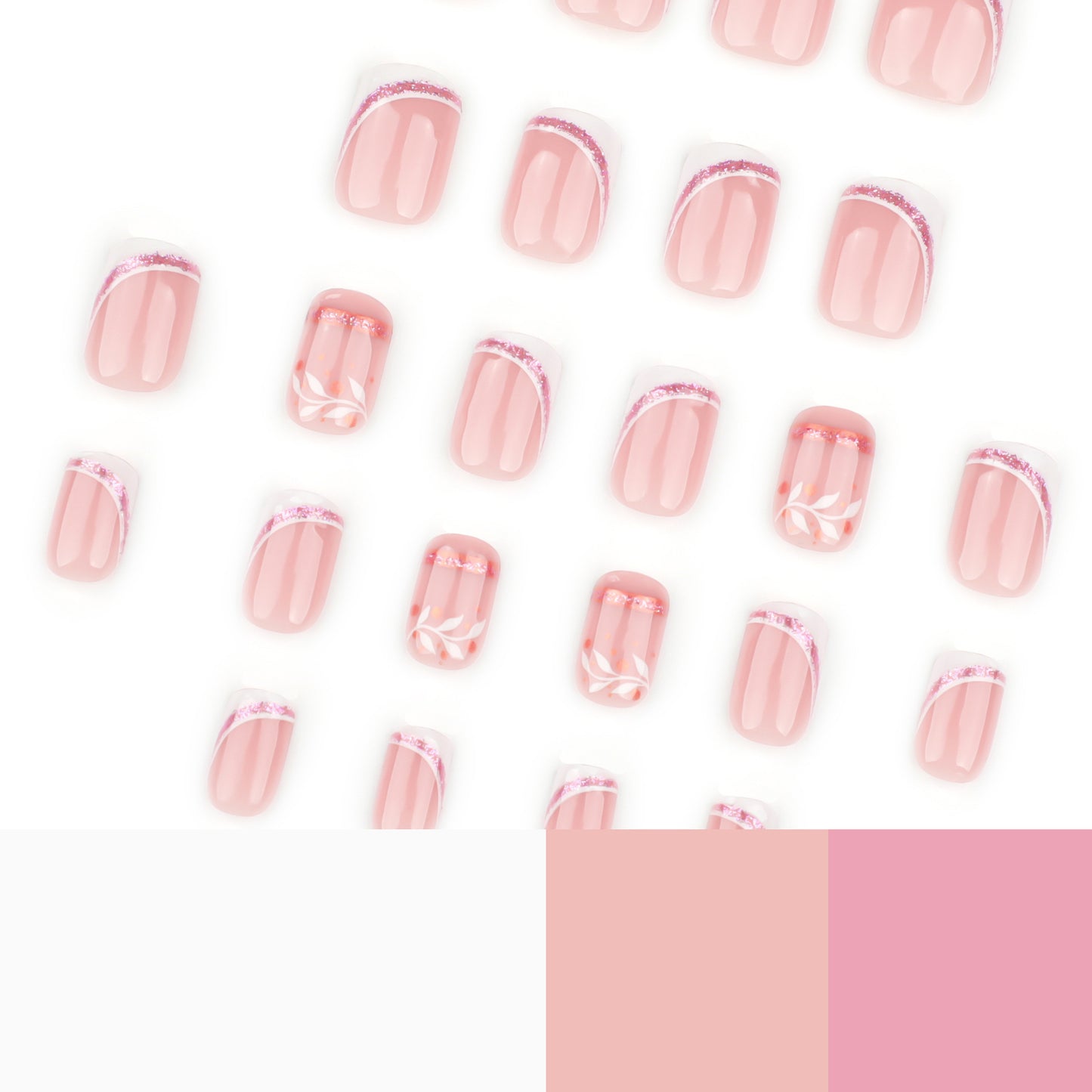 Short Round Press On Nails Nude Pink Slanted French Glitter Hand-Painted Leaf 12
