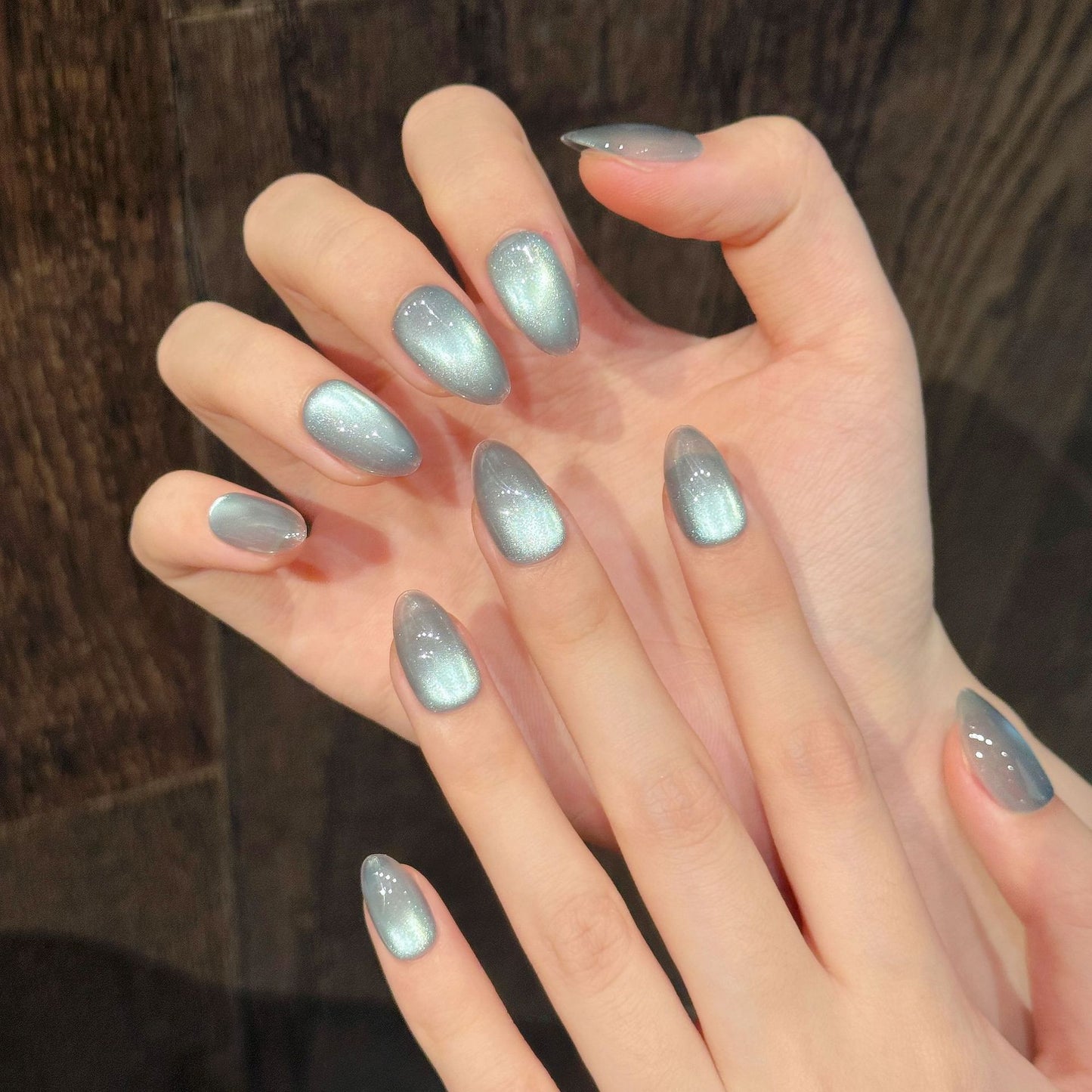 Cat Eye Press On Nails Almond Blue Green Magnetic Glossy Shimmer Full Cover Reusable 10