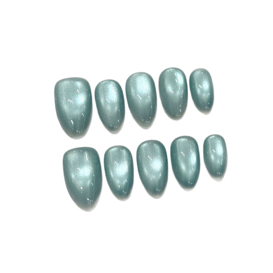Cat Eye Press On Nails Almond Blue Green Magnetic Glossy Shimmer Full Cover Reusable 10