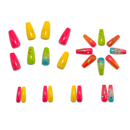 Neon Gradient Press On Nails Squoval Almond Glitter 3D Dot Y2K Summer Festival Fake Nails 23
