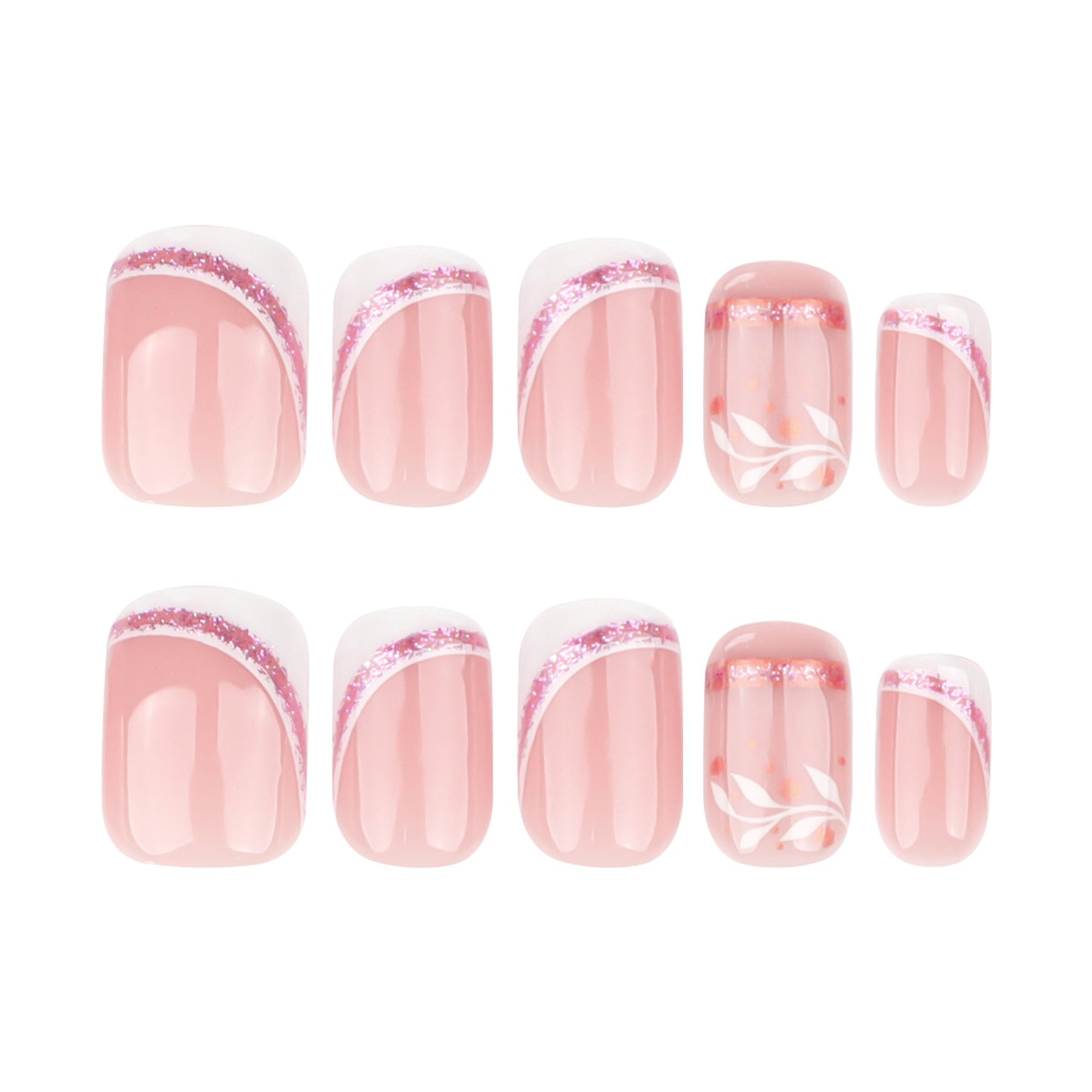 Short Round Press On Nails Nude Pink Slanted French Glitter Hand-Painted Leaf 12