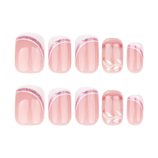 Short Round Press On Nails Nude Pink Slanted French Glitter Hand-Painted Leaf 12