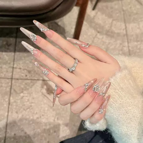 Pink Ombre Cat Eye Press On Nails – Long Stiletto Rhinestone Glossy Reusable Acrylic Nails 06