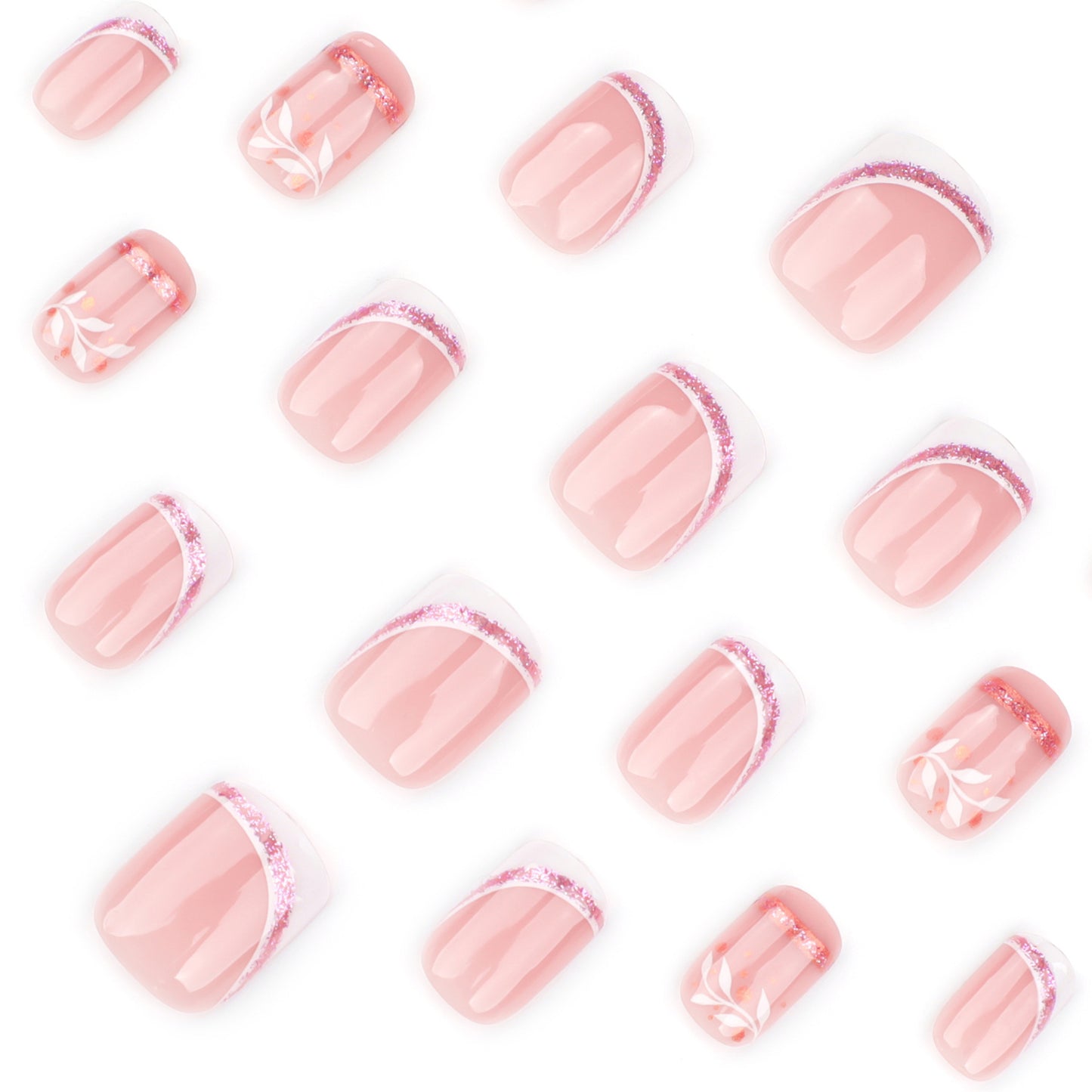 Short Round Press On Nails Nude Pink Slanted French Glitter Hand-Painted Leaf 12