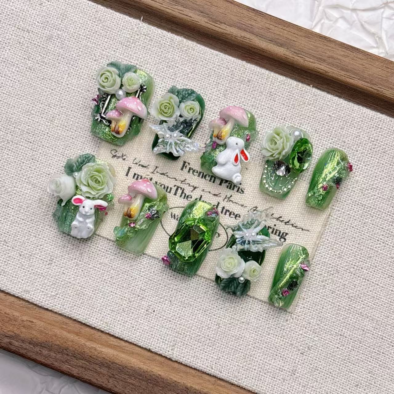 Forest Fairy Press-On Nails – Mint Green Cat Eye Almond Nails | 3D Bunny, Mushroom & Floral Reusable Nail Set 257