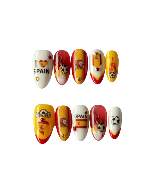 Spain-Inspired Football Press-On Nails – Red & Yellow Game Day Almond Nails | Soccer Fan Reusable Nail Set with Flame & Star Design 242