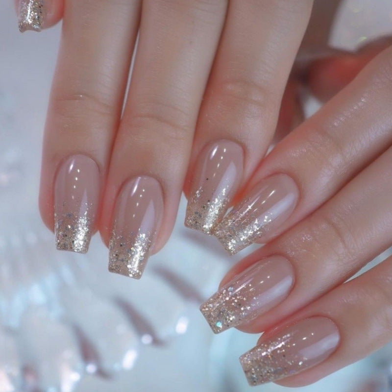 Nude French Tip Press On Nails Glitter Ombre Squoval Classy Wedding Natural Look Reusable Nails 22