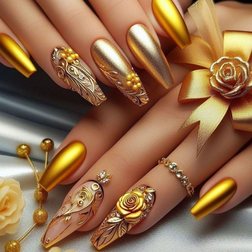 Gold Cat Eye Press On Nails Glitter Metallic Ombre Luxury Floral Design Classy Wedding Reusable Nails 22