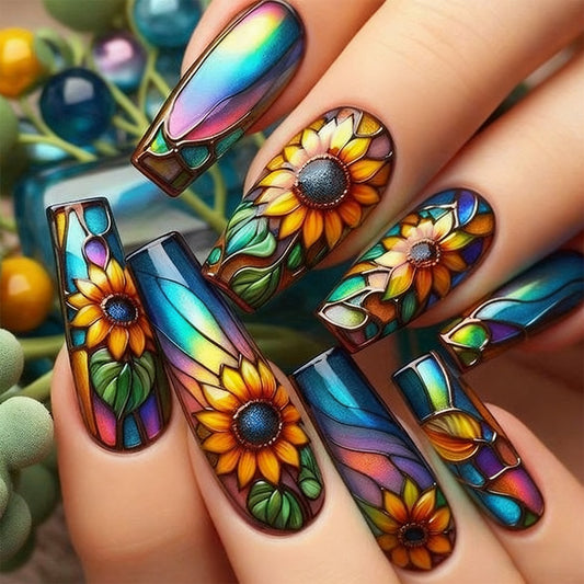 Stained Glass Press On Nails Sunflower Floral Colorful Art Squoval Nails Aesthetic Festival Reusable Set 22