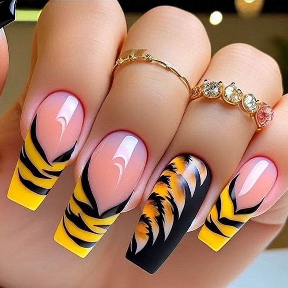 Tiger Print Press On Nails French Tip Nude Black Y2K Baddie Nails Glossy Animal Print Reusable Set 22