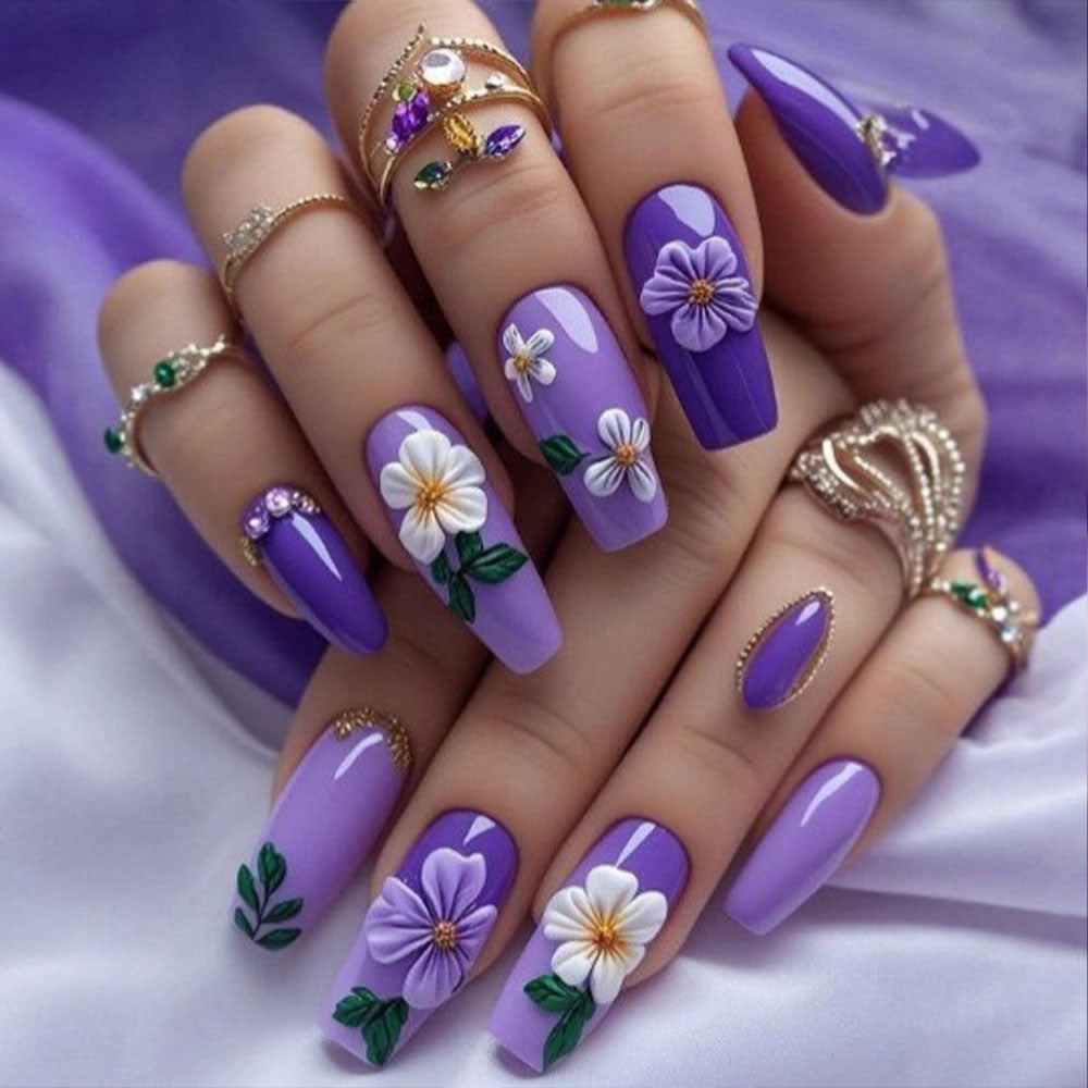 Floral Press On Nails Purple Daisy Flower Gold Accent Glossy Spring Wedding Classy Reusable Nails Set 22