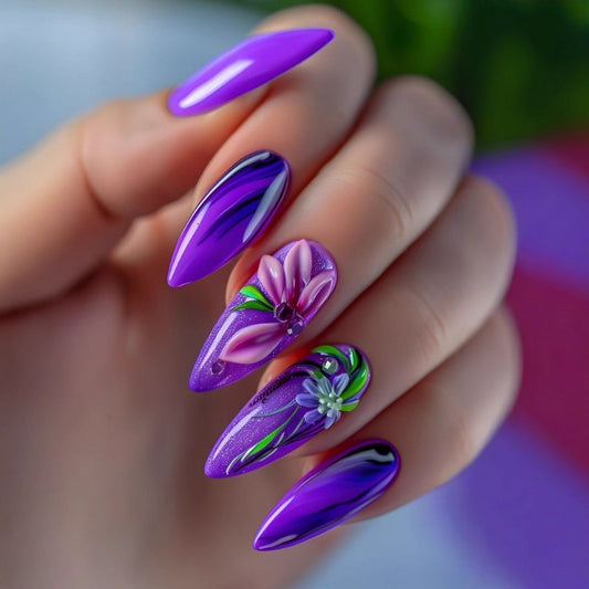 Purple Stiletto Press On Nails Orchid Floral Design Dark Aesthetic Gothic Luxury Reusable Nails Set 22