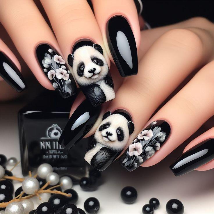 Black Press On Nails Panda Floral Design Cute Edgy Aesthetic Nails Squoval Glossy Reusable Nail Set 22